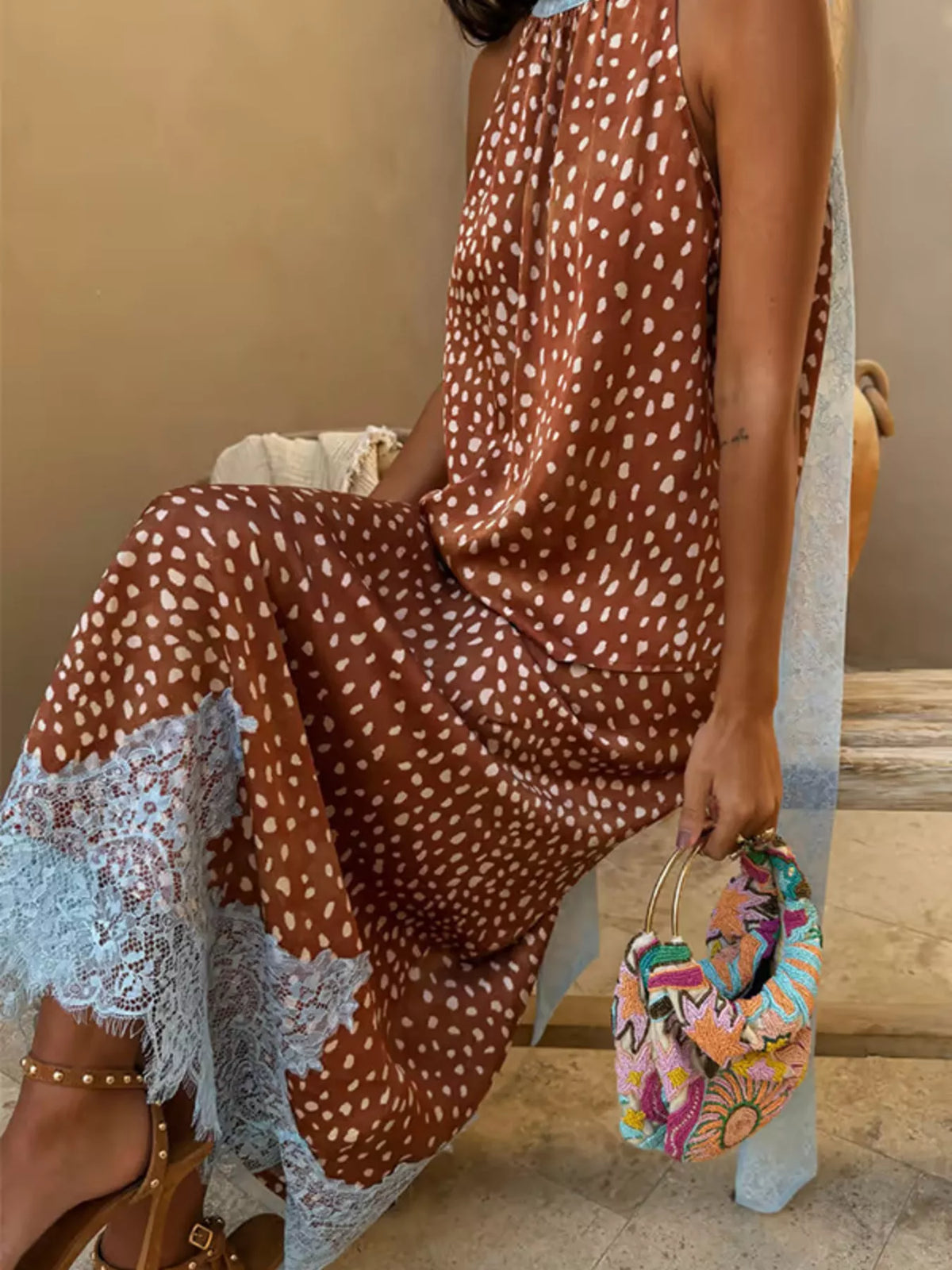 Brown two piece lace set styled outfit