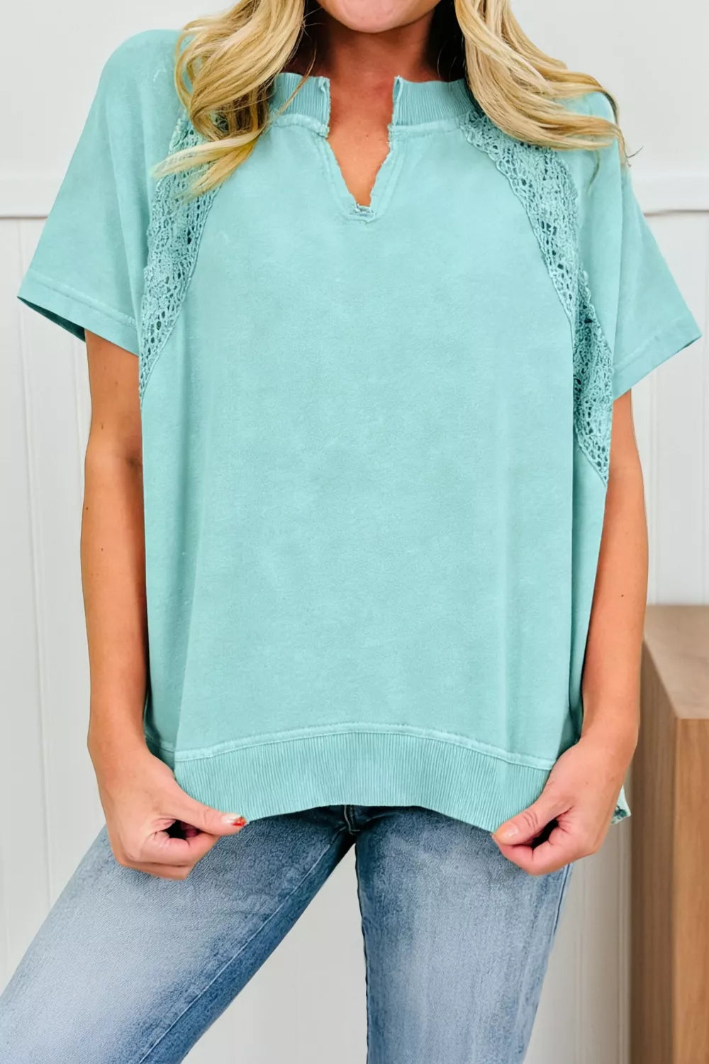 Notched Neck Lace Mineral Wash Tee front view
