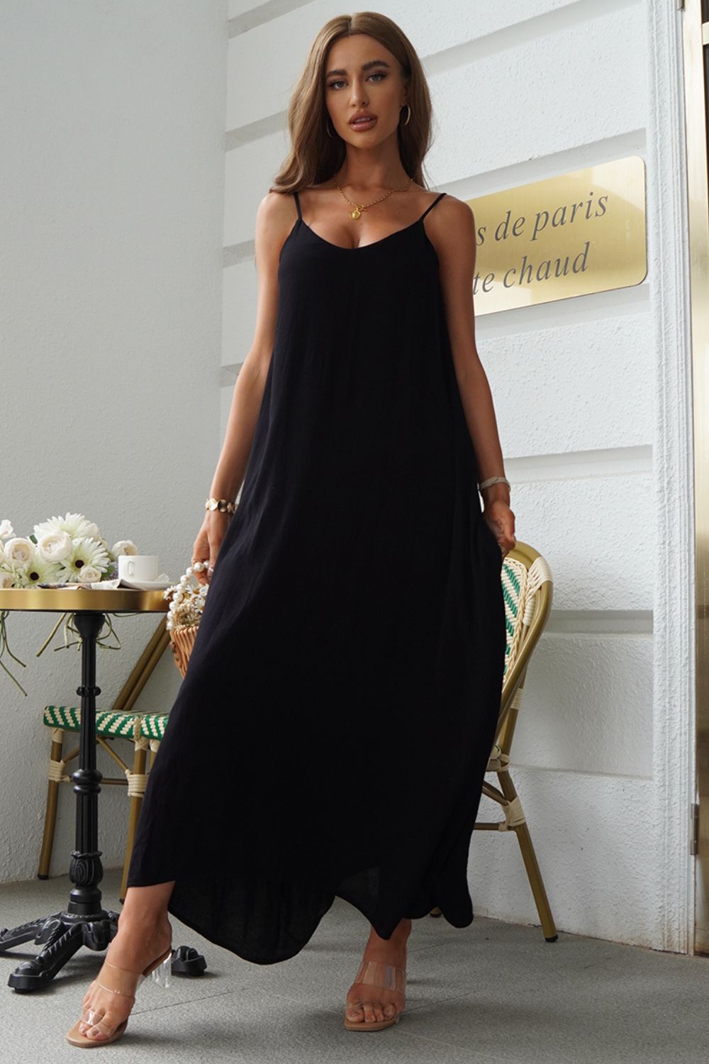 Spaghetti strap viscose maxi dress in black front view