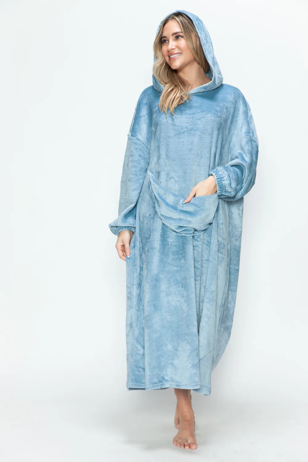 Hooded midi dress worn with the hood up