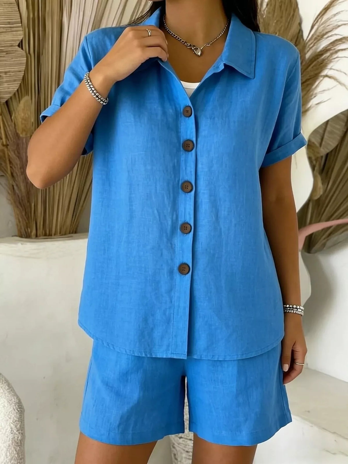 Belinda button up shirt and shorts two piece set, front view