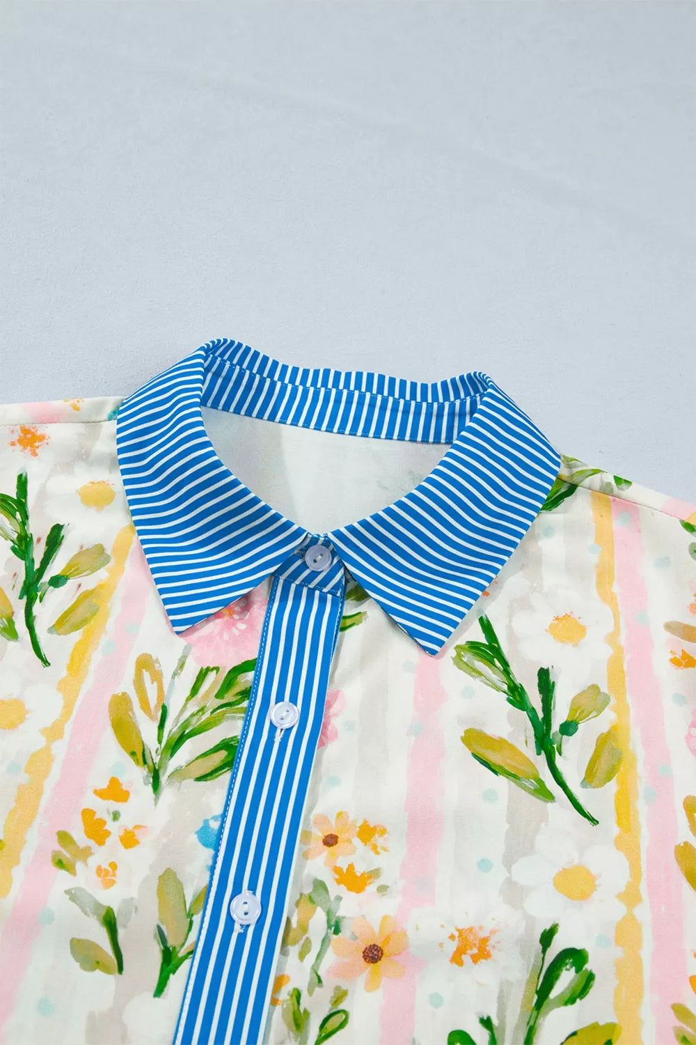 Multicolor floral print button down shift dress styled view