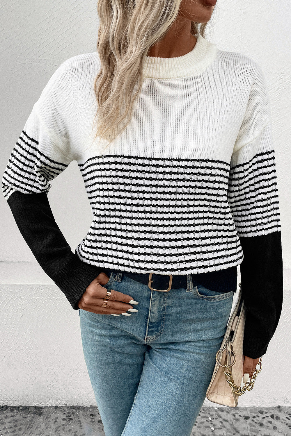 Perfee Striped Drop Shoulder Sweater - Fashorio