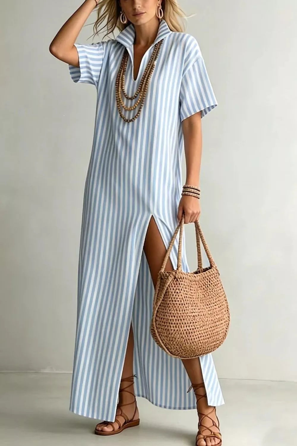 Striped high slit maxi dress close up detail