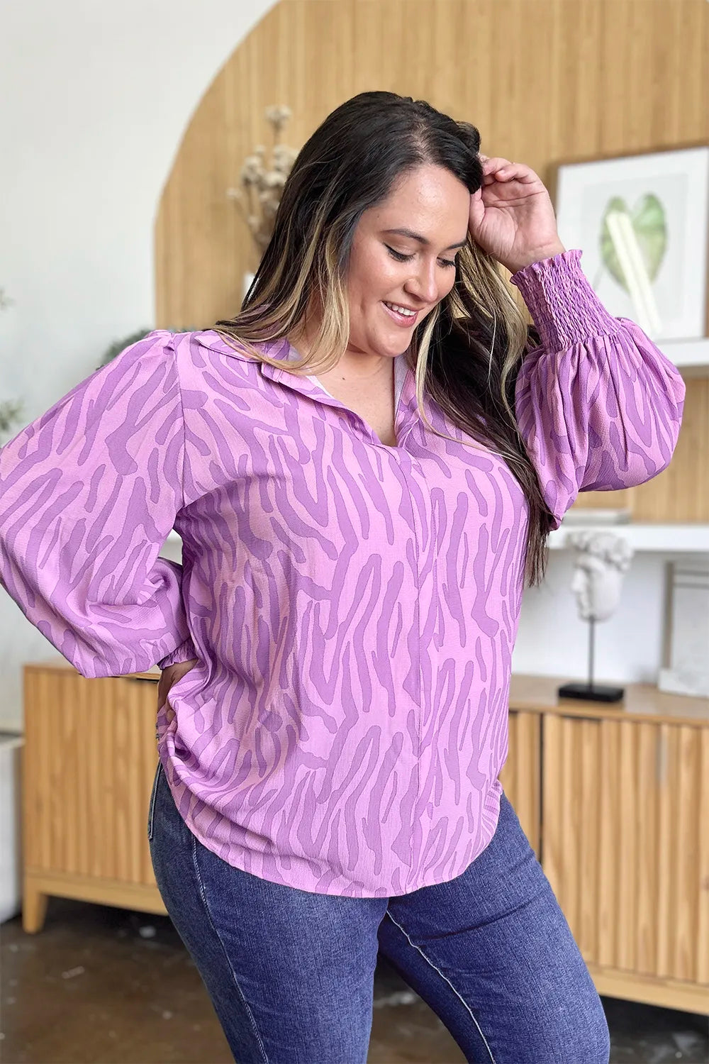 Aqua colorway of the printed long sleeve blouse