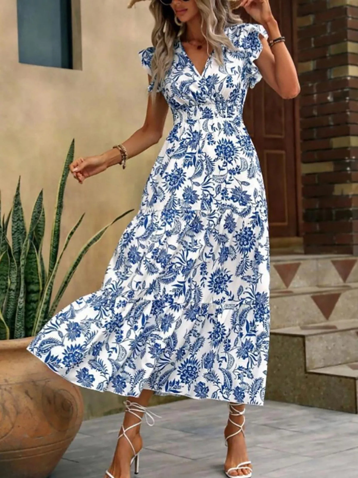 Floral print ruffle sleeve tiered midi dress styled view