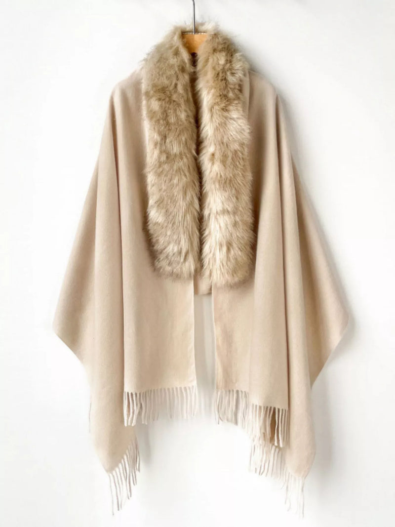 Faux fur fringe scarf wrap draped over the shoulders