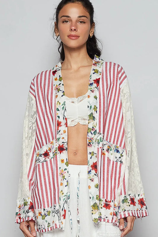 POL Lace Long Sleeve Striped Cardigan with Floral Patchwork Detail Scarlet - Fashorio