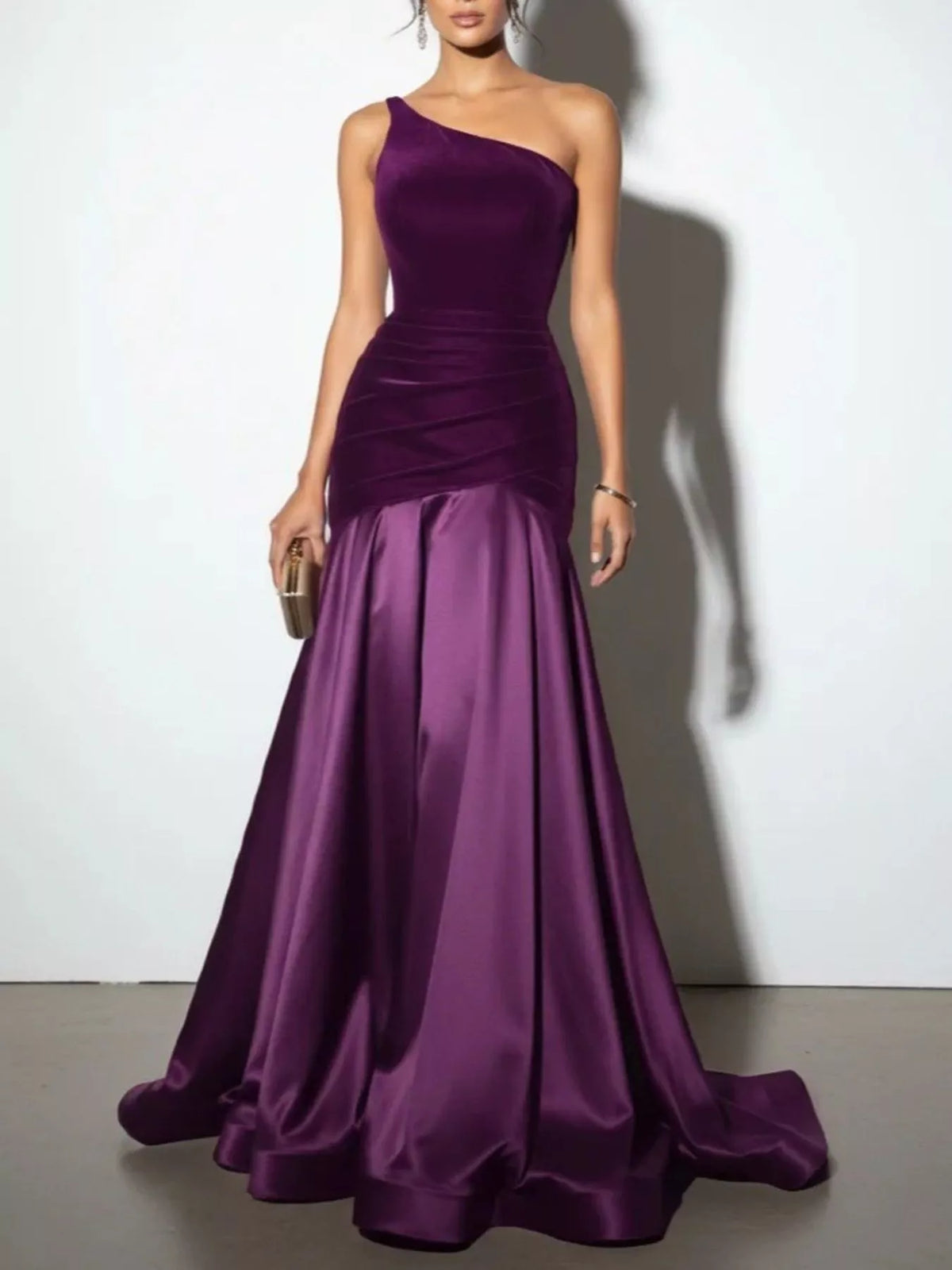 Black one shoulder floor length dress front