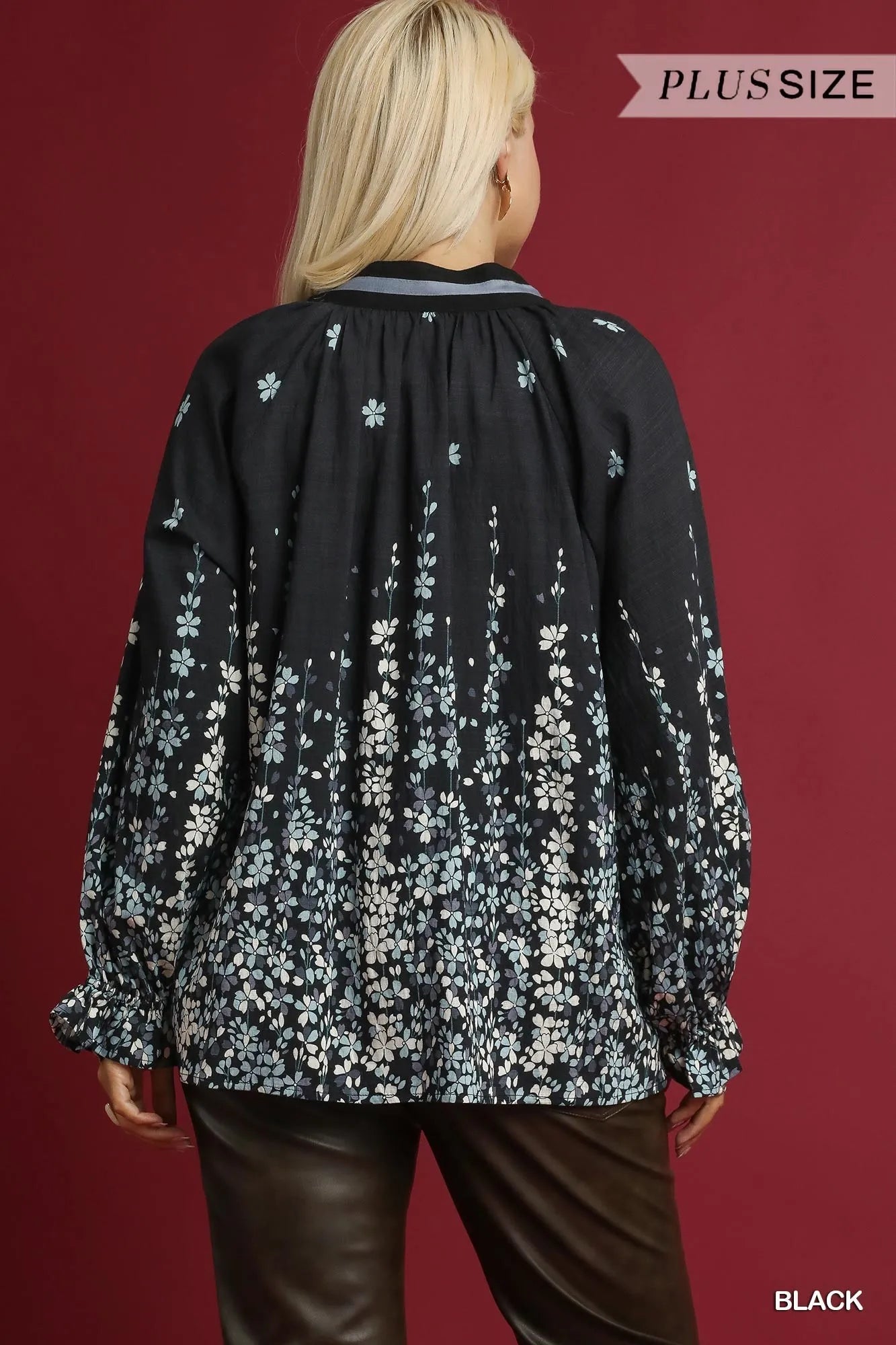 Umgee Full Size Floral Vine Print Blouse with Balloon Sleeves Plus Size - Fashorio