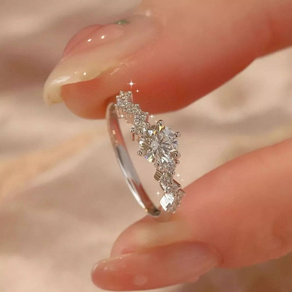 Two carat sterling silver moissanite ring detail view