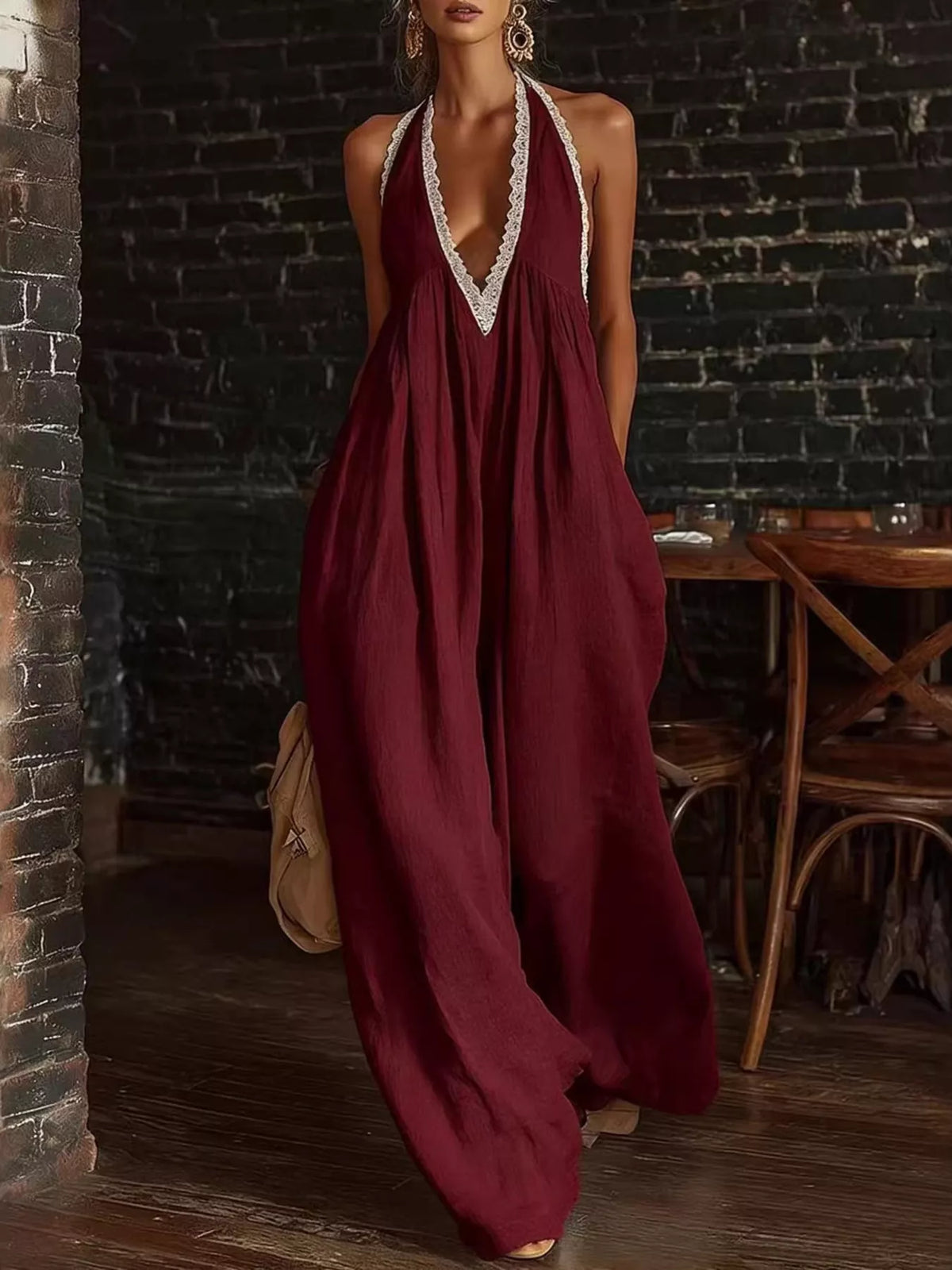Lace trim jumpsuit navy blue color