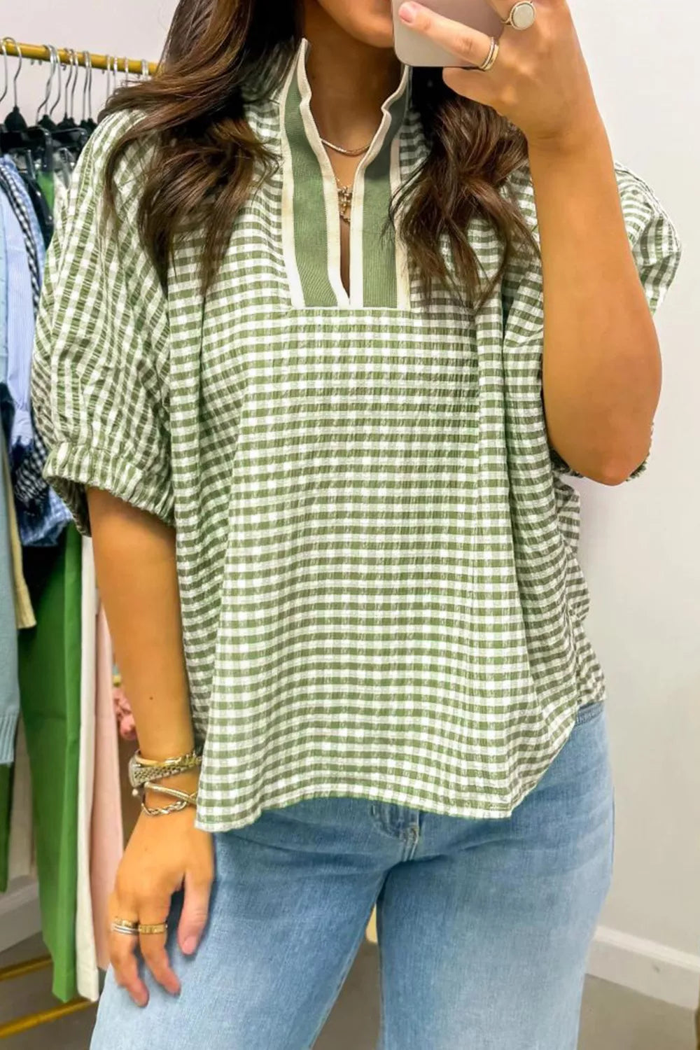 gingham half sleeve blouse front view