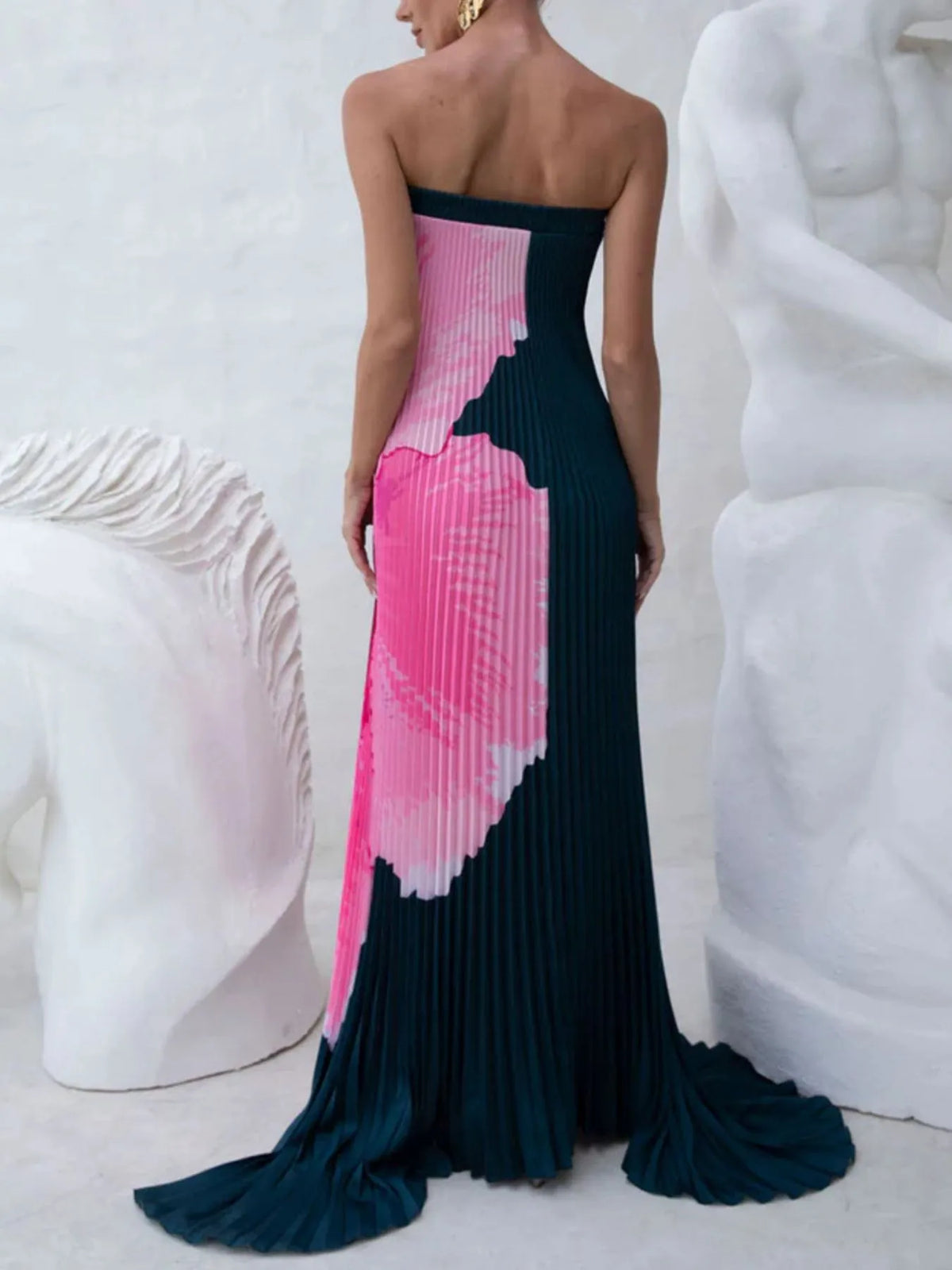 Pleated printed strapless tube floor length dress styled look