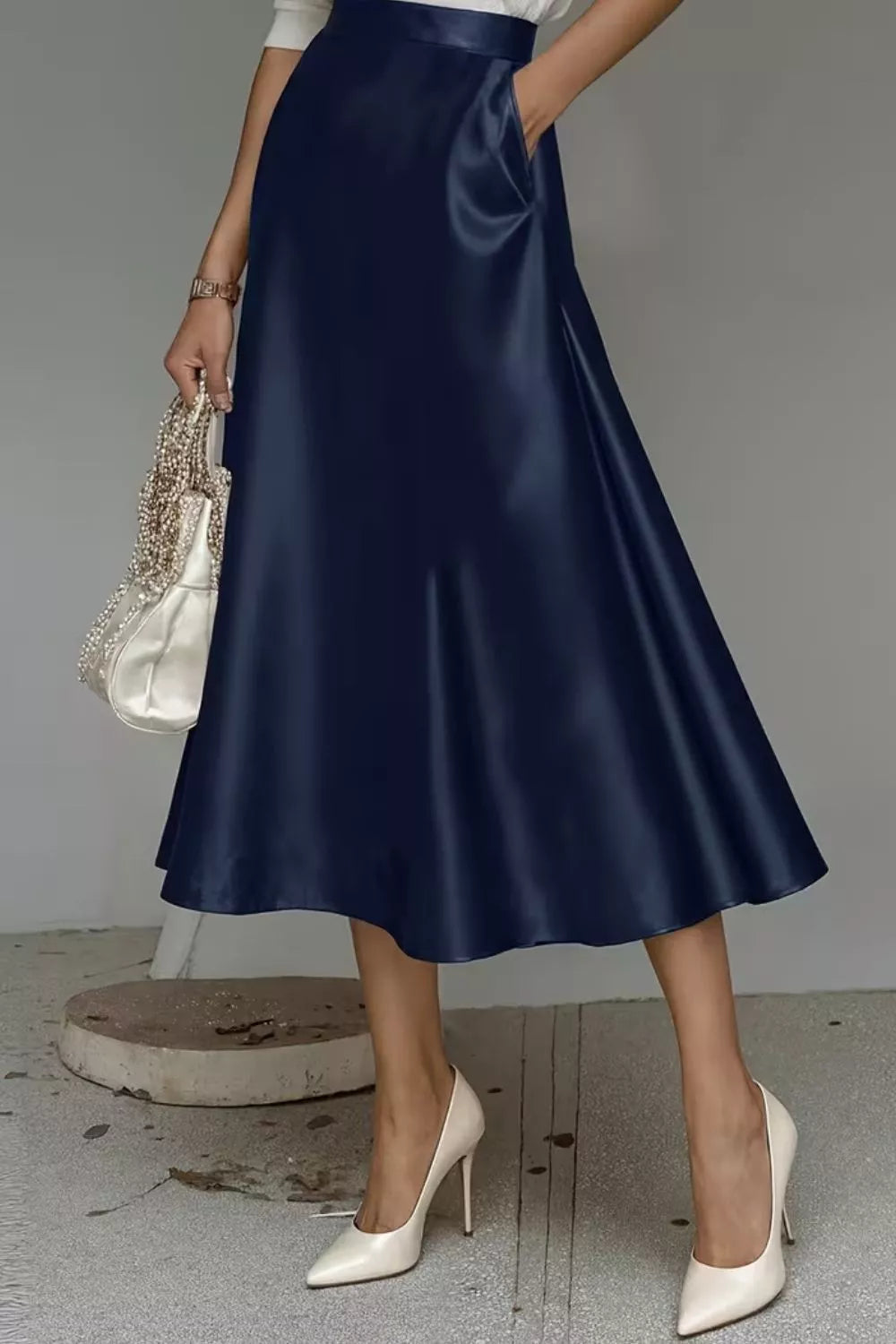Satin A line midi skirt on model