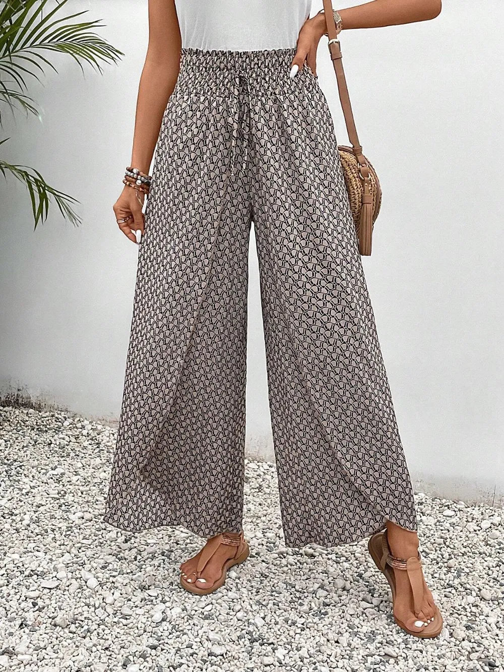 Tie waist wide leg pants standing pose
