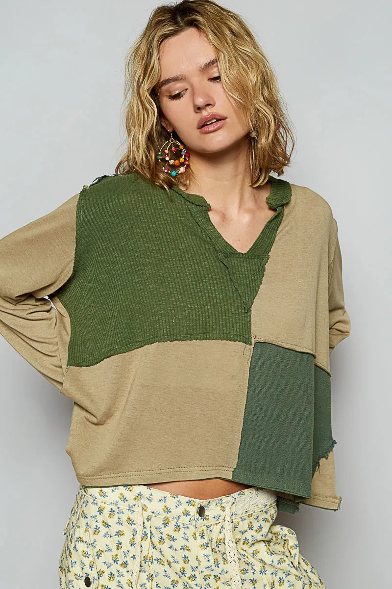 POL Color Block Notched Long Sleeve T-Shirt Matcha Green - Fashorio