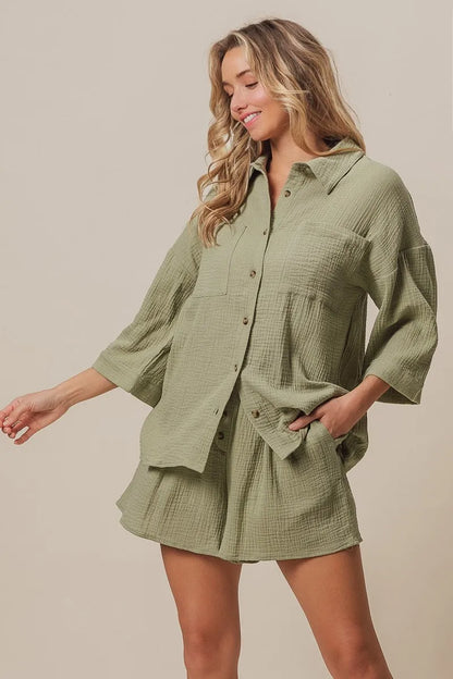 BiBi Crinkle Gauze Shirt and Short Set - Fashorio