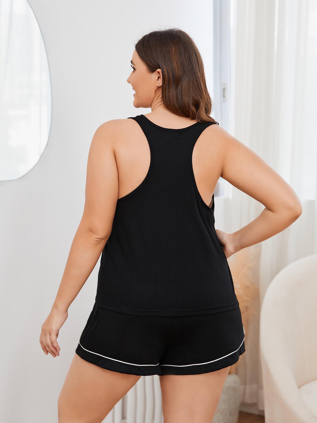 Plus Size Contrast Piping Racerback Tank and Shorts Lounge Set - Fashorio