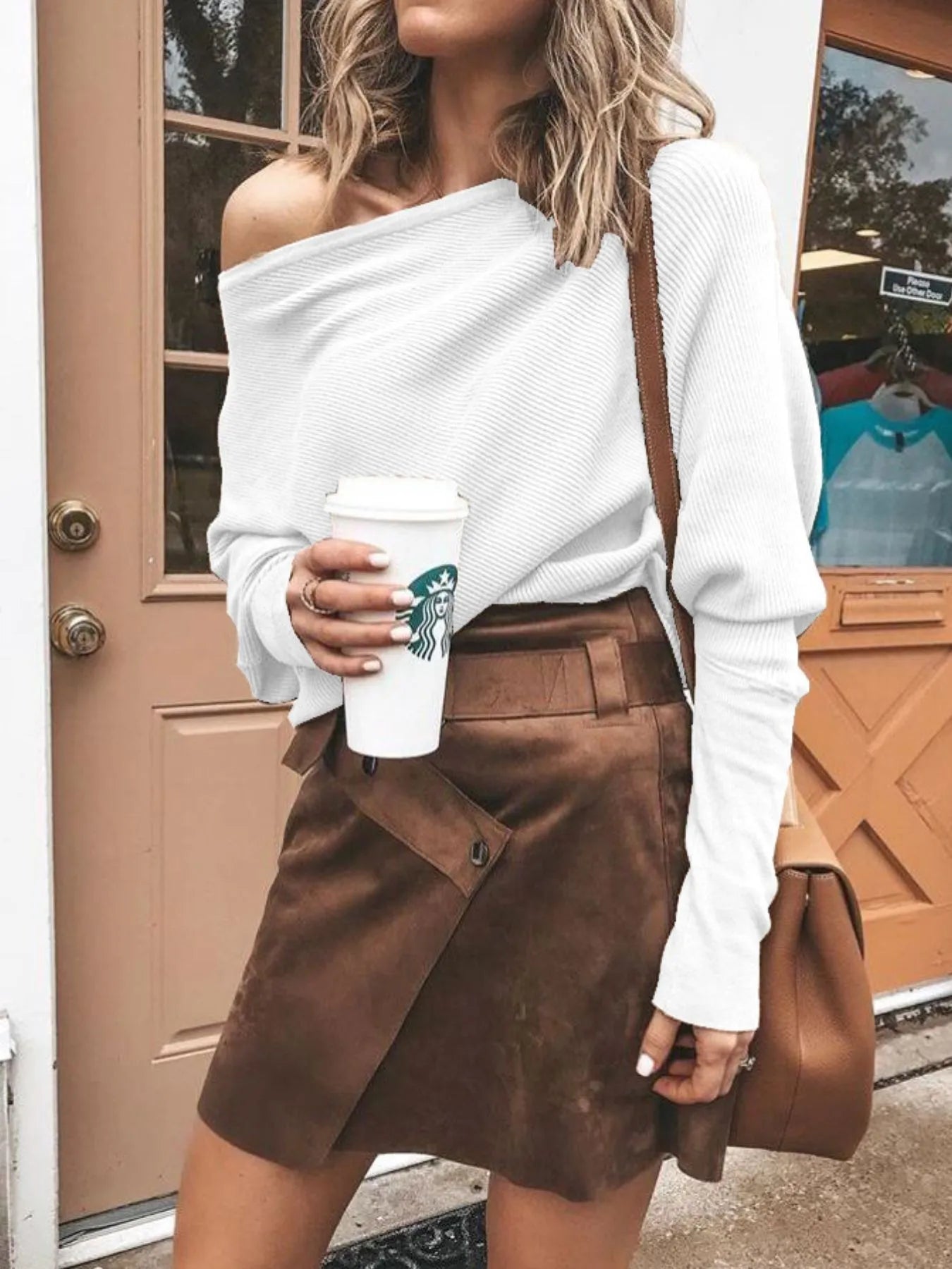 Full Size Single Shoulder Ribbed Knit Top Plus Size White - Fashorio