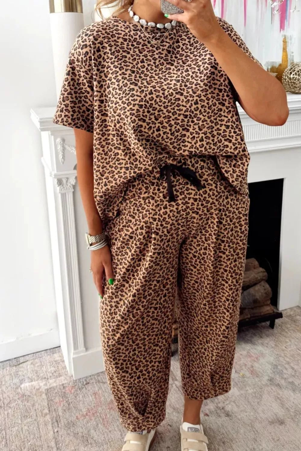 Leopard print relaxed two piece lounge set side detail