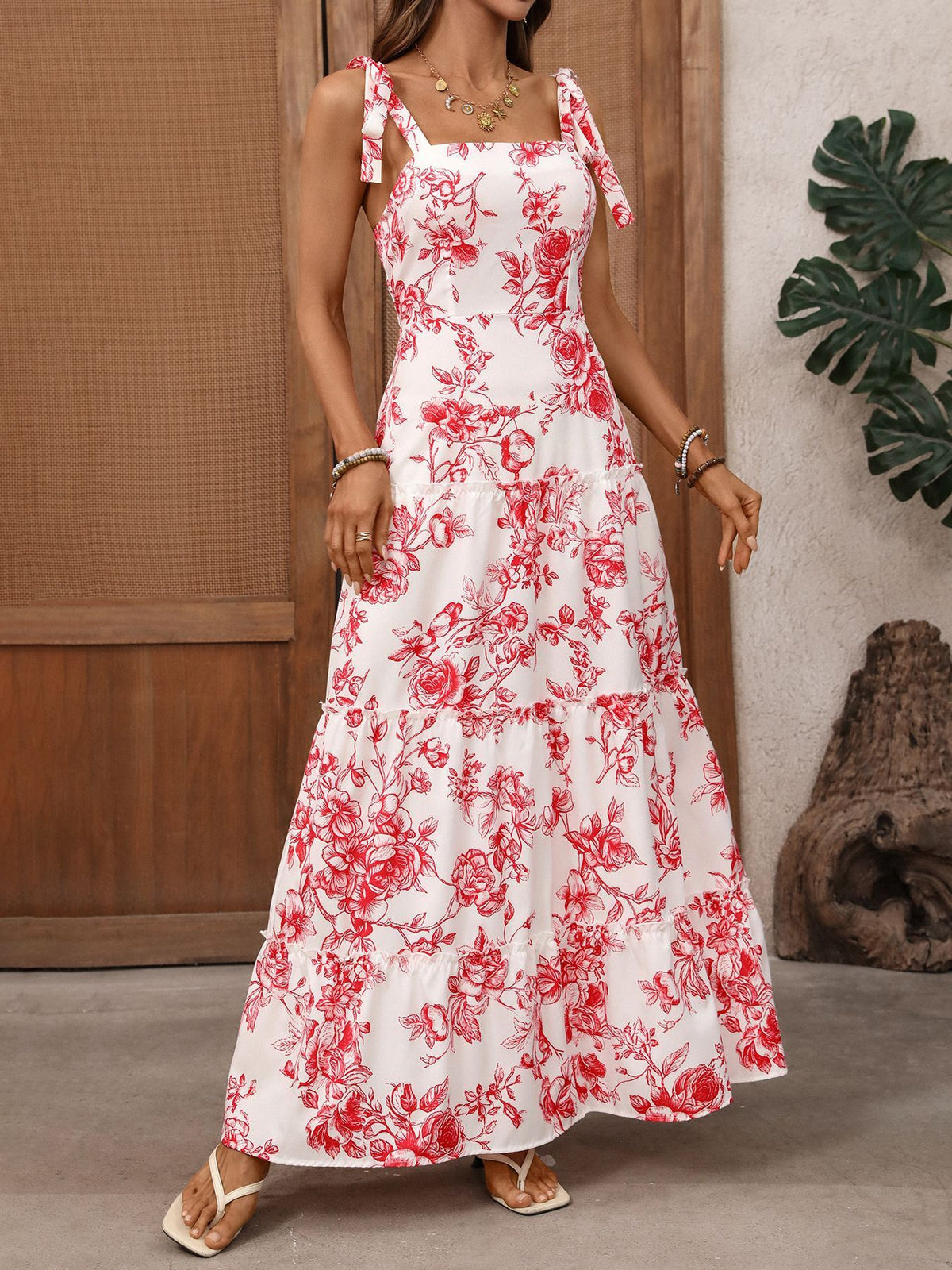 red floral tie strap maxi dress full length view