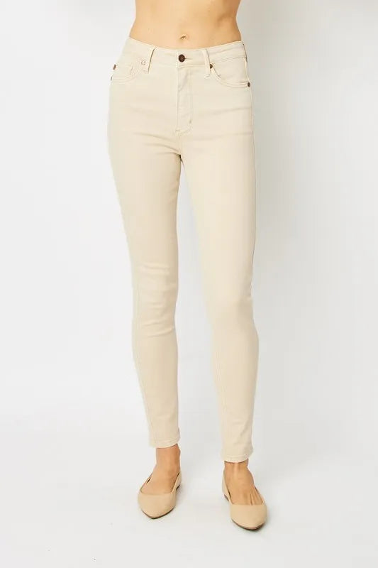 Bone garment dyed skinny jeans front view