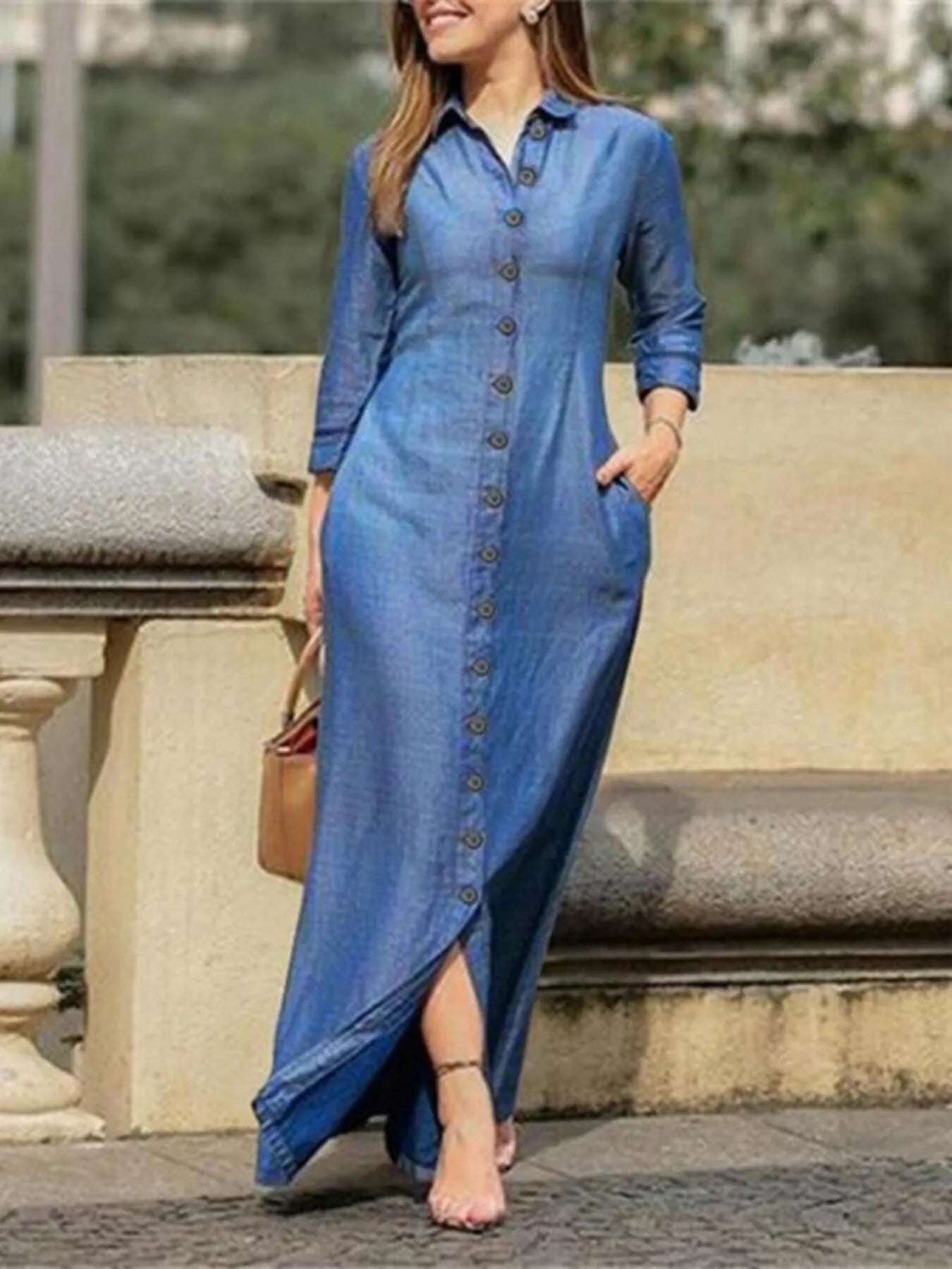 Full Size Button-Down Maxi Denim Dress Plus Size Light Blue - Fashorio