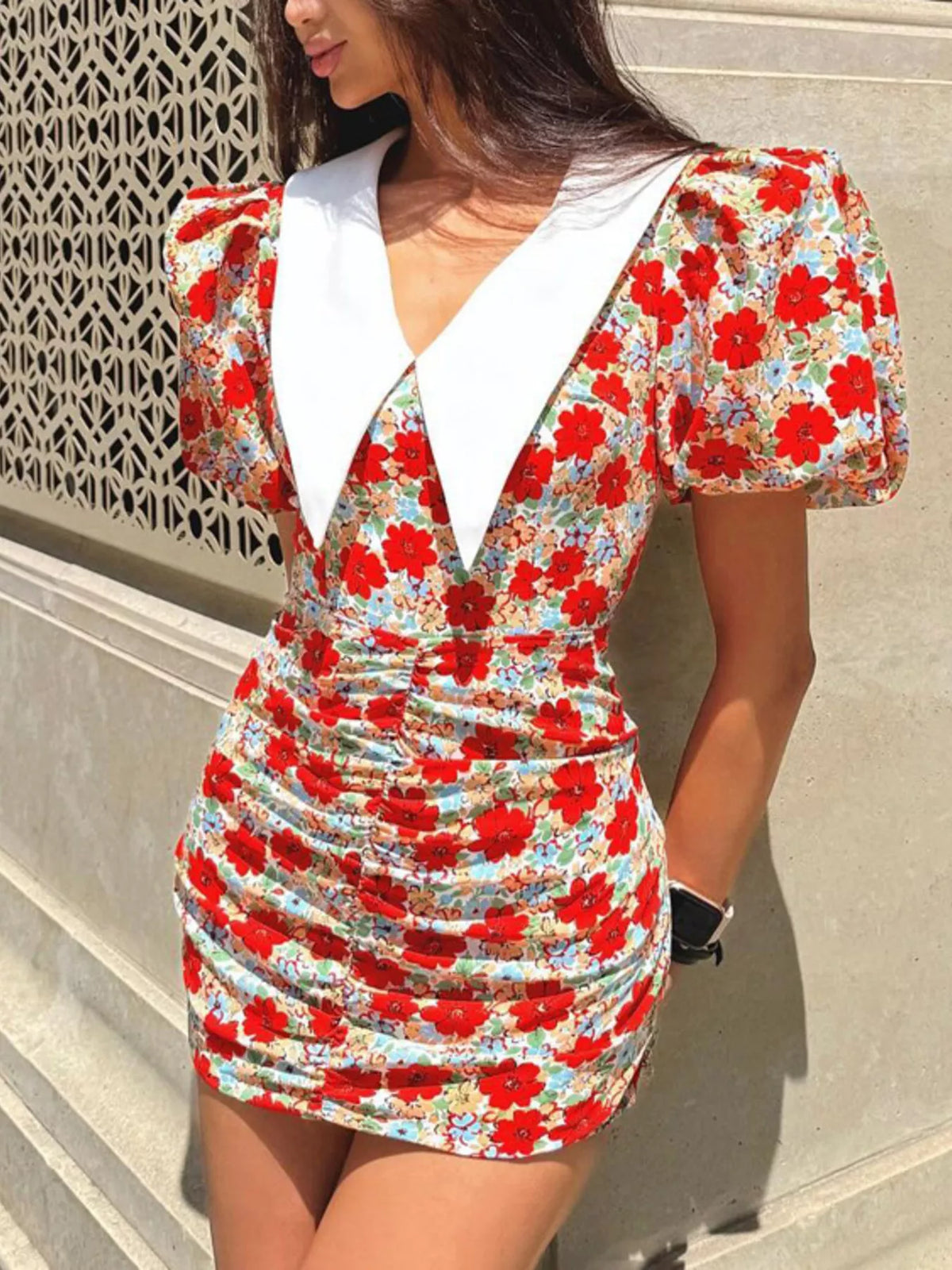 Ruched floral print puff sleeve mini dress front view