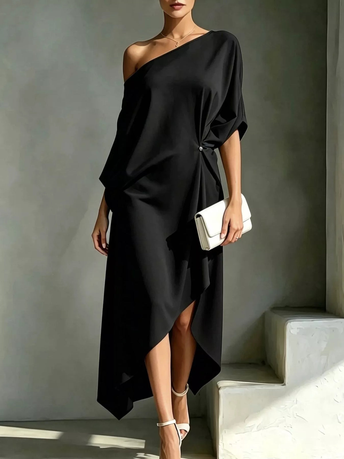 One shoulder drape dress orange color