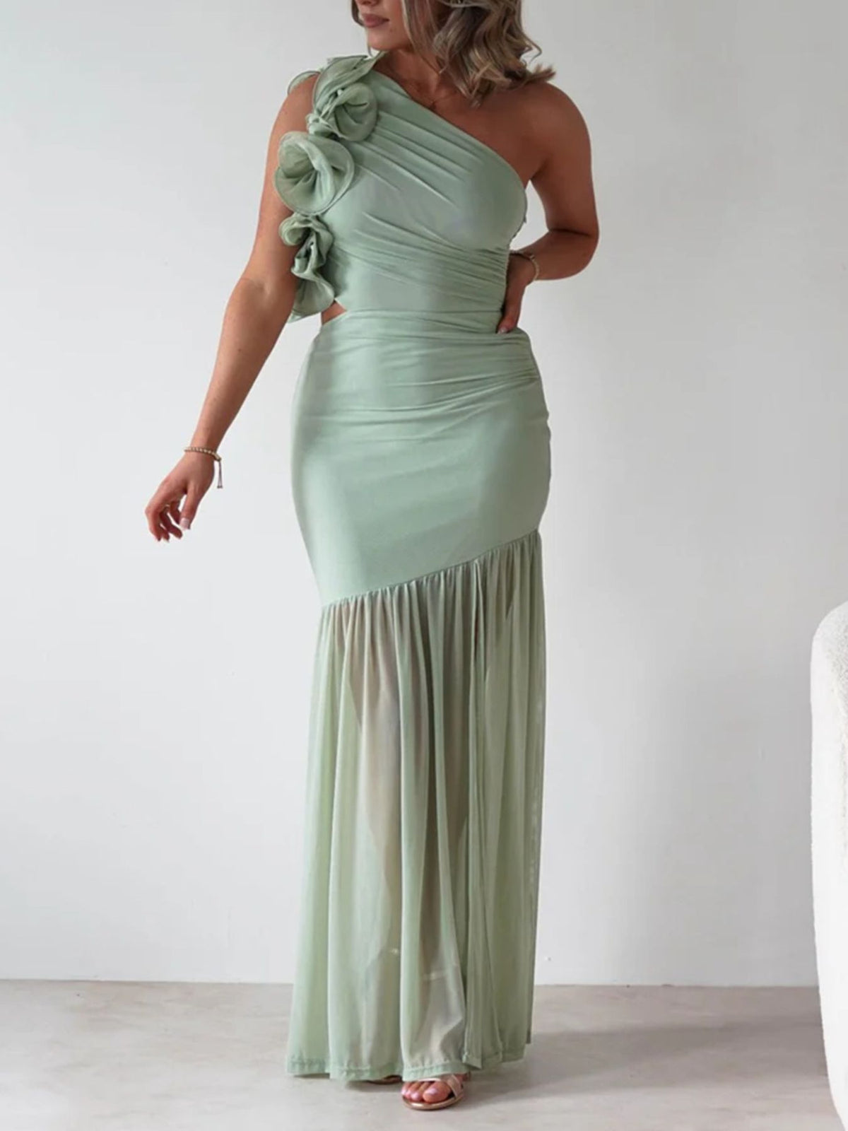 one shoulder ruffle trim maxi dress fabric detail