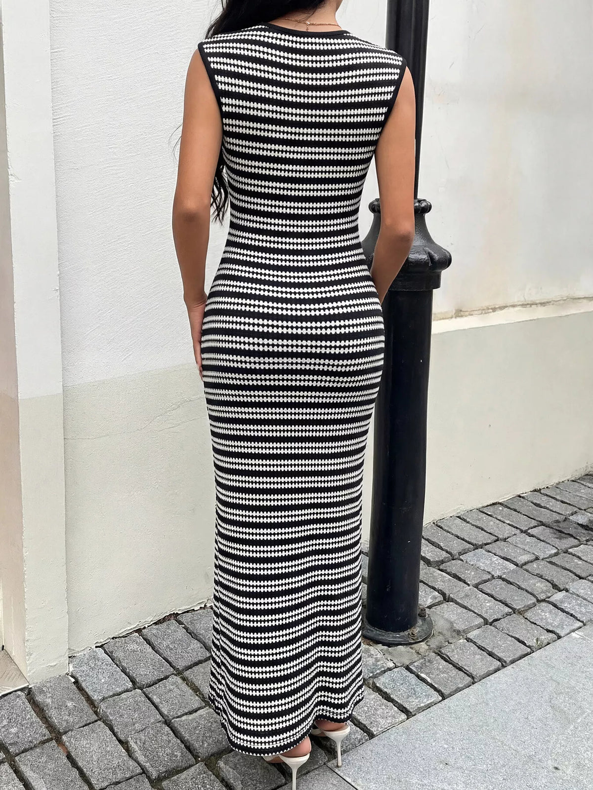 Striped Sleeveless Bodycon Knit Maxi Dress, full length view