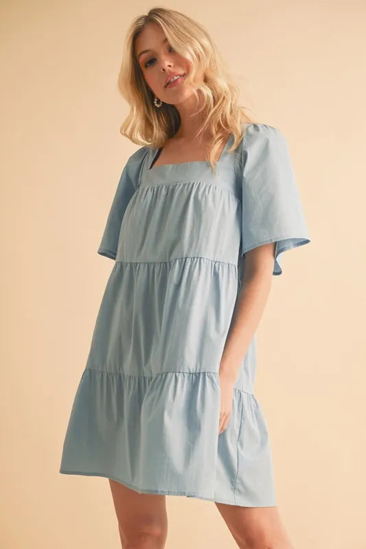 Light blue tiered dress back view