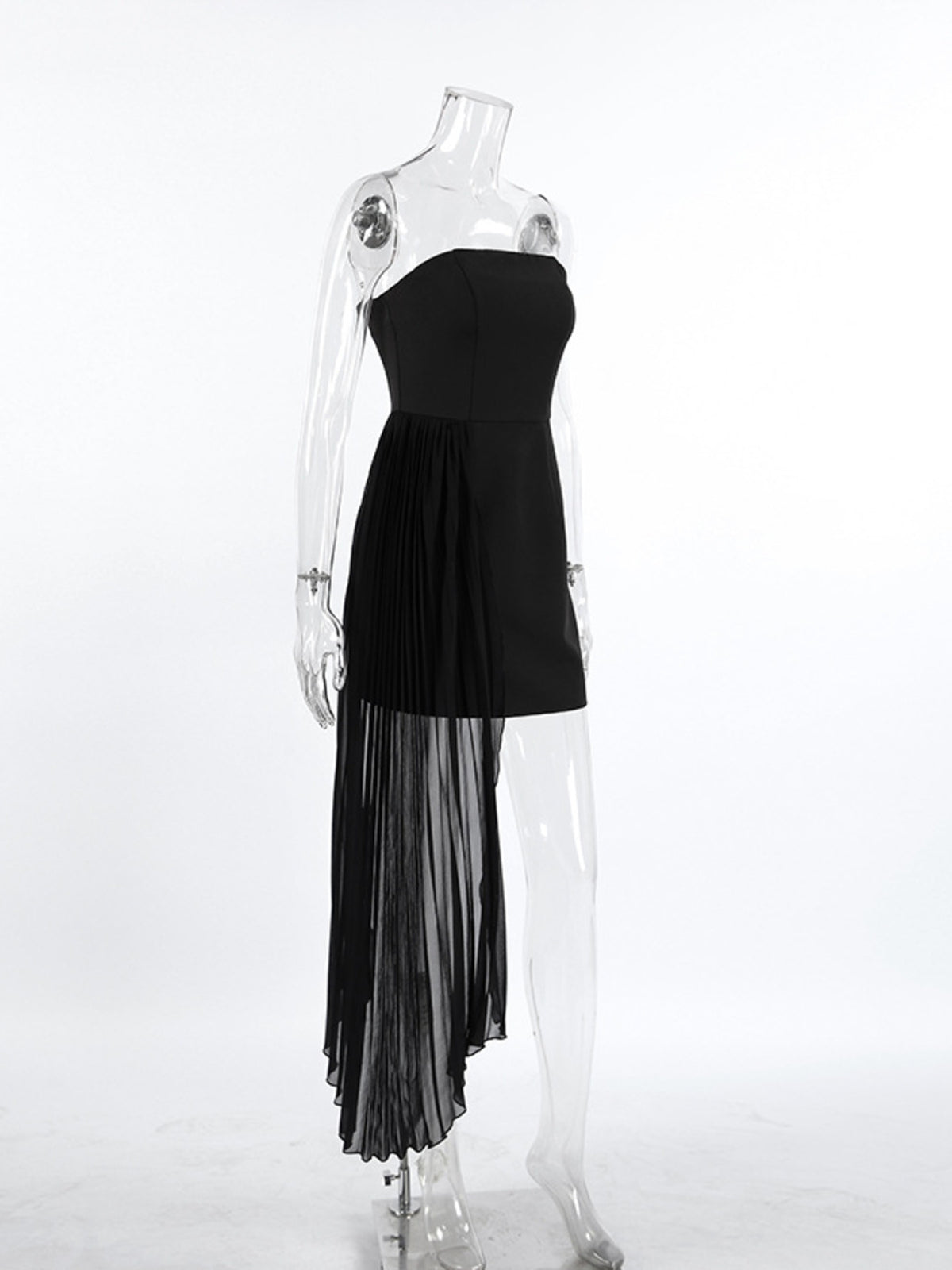 Black pleated strapless tube mini dress front view