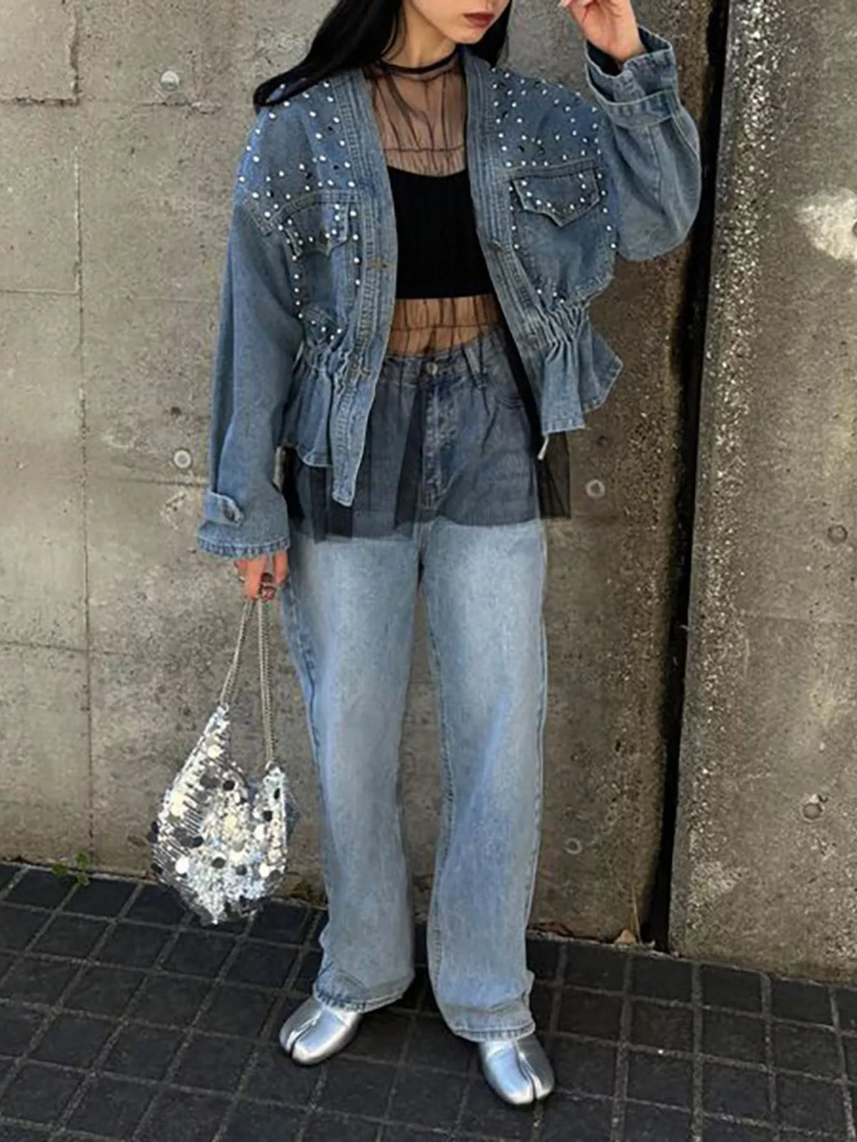 Studded Button Up Denim Jacket in Light Blue styled look