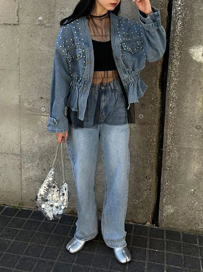 Studded Button Up Denim Jacket - Fashorio