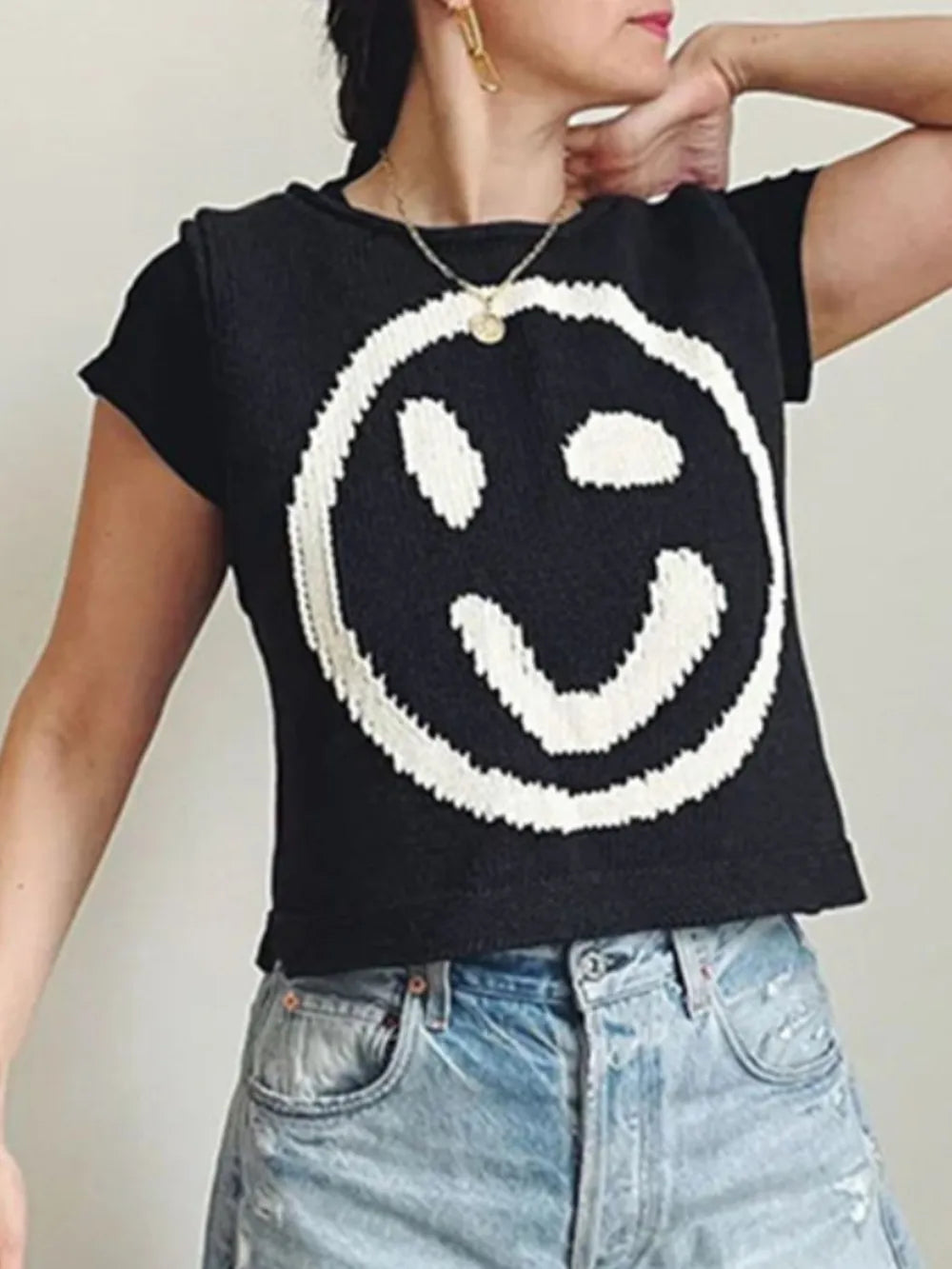 Smiley Face Round Neck Sweater Vest in Mustard view 12