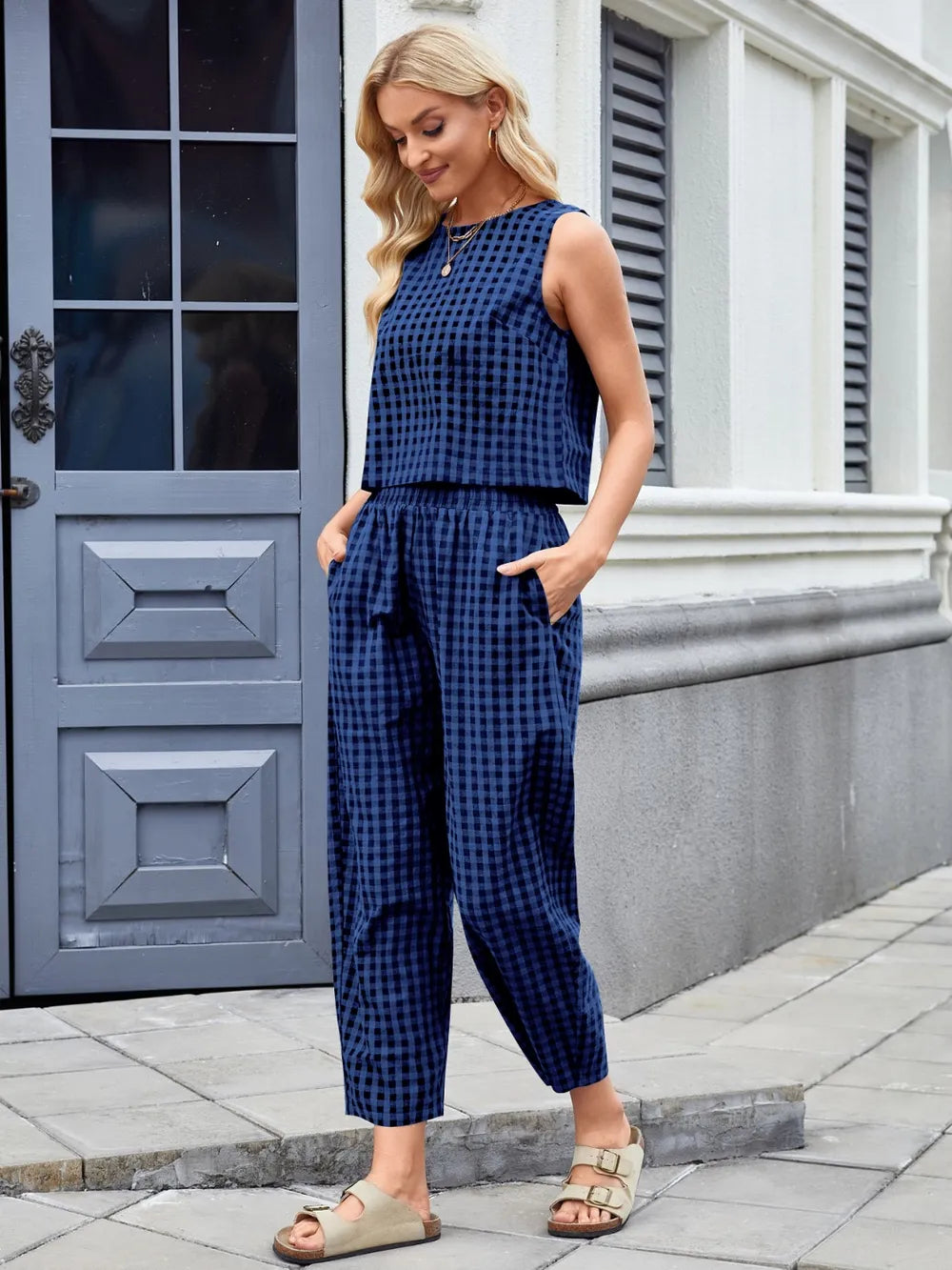Plaid Sleeveless Top and Pants Set back view