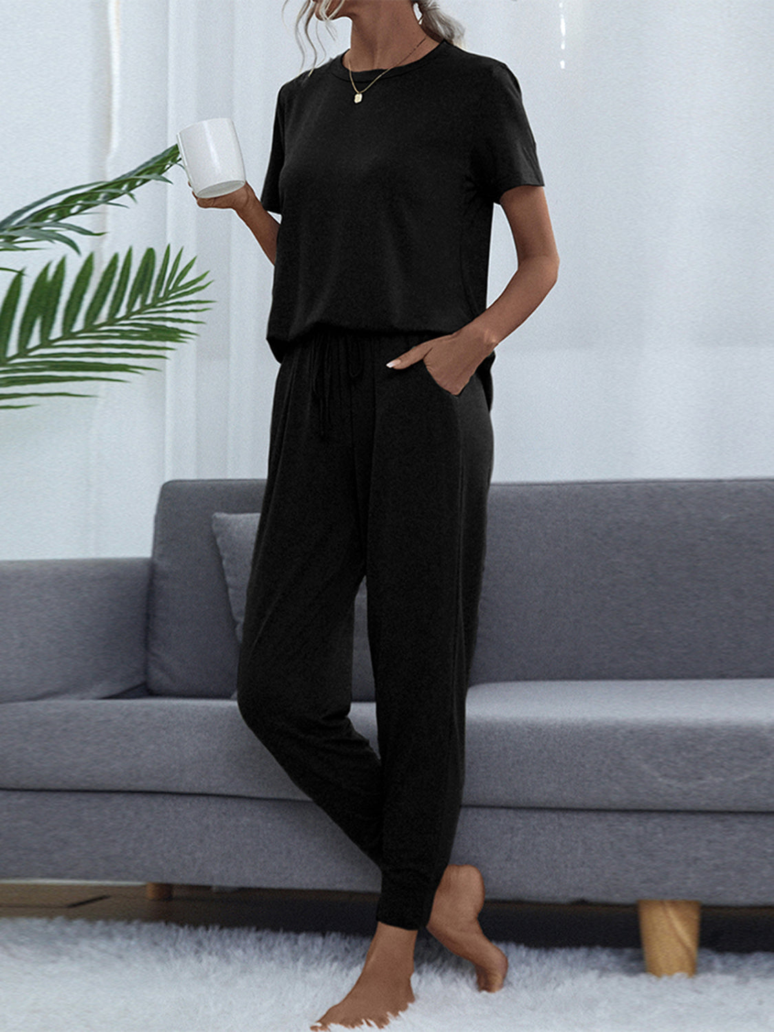 Shiny Round Neck Short Sleeve Top and Pants Set - Fashorio