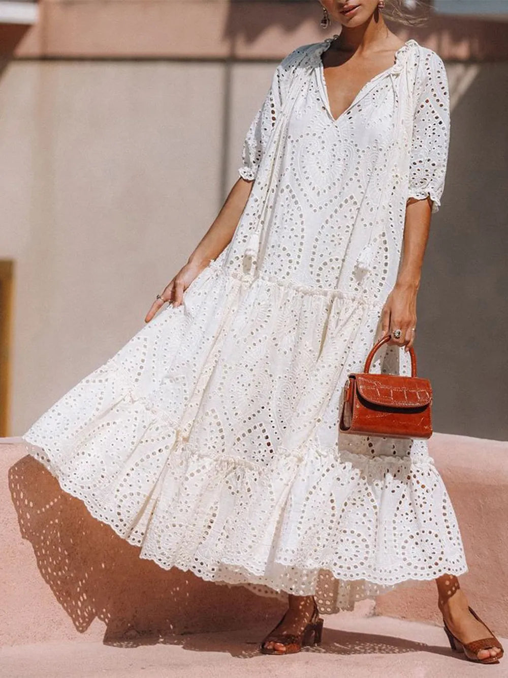 Ivory tie neck tiered dress side view