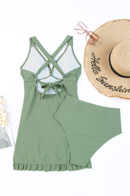 Tie Back Sleeveless Swim Dress and Bottoms Set - Fashorio