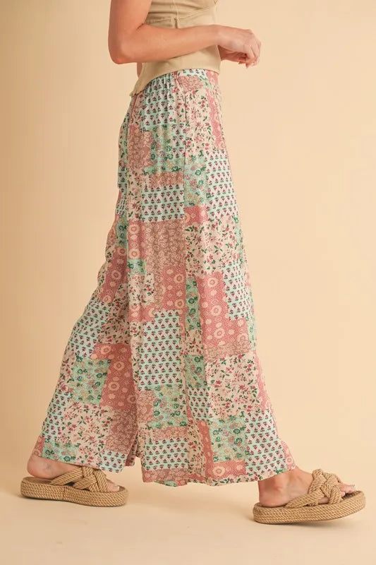 Mint pink wide leg pants full length styled view