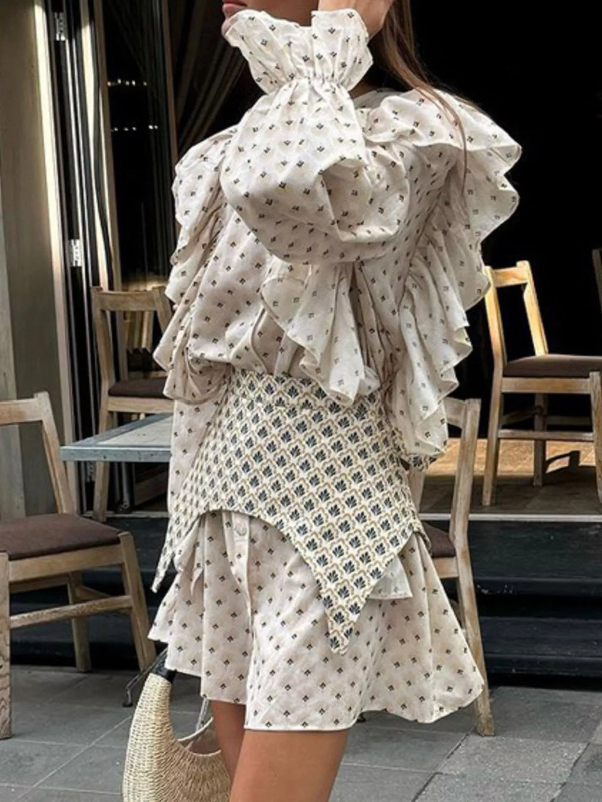 Side view of the ruffled mini dress