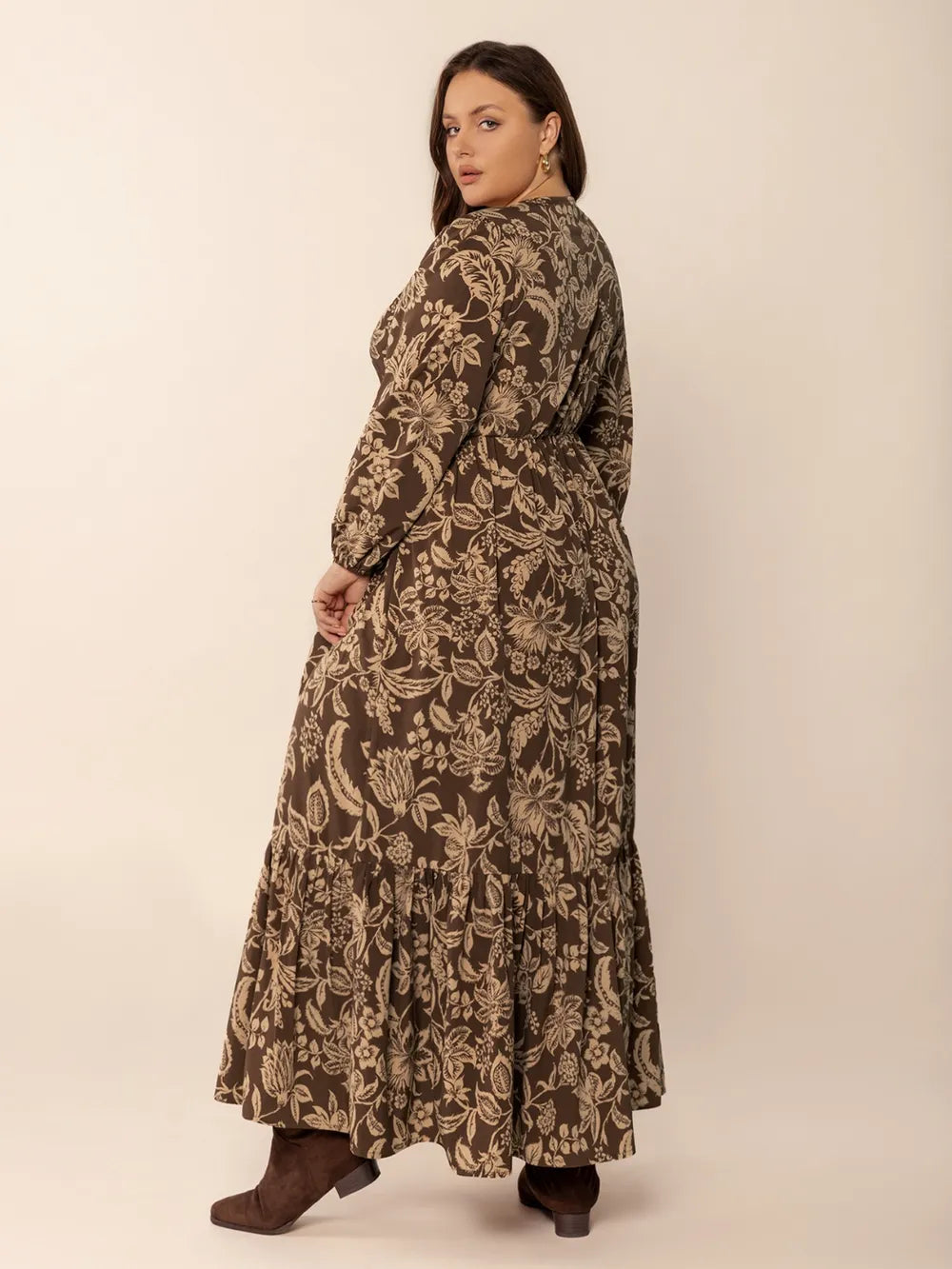 camel plus size printed v neck balloon sleeve maxi dress back view