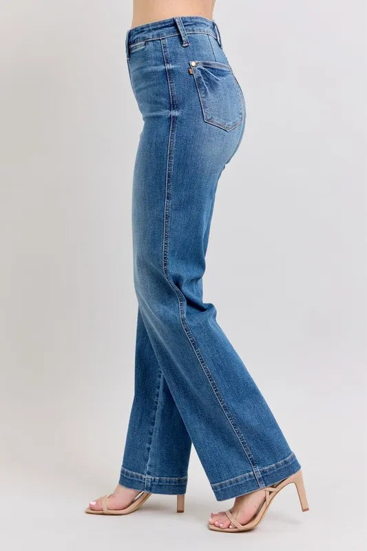 Straight leg denim side profile in medium wash
