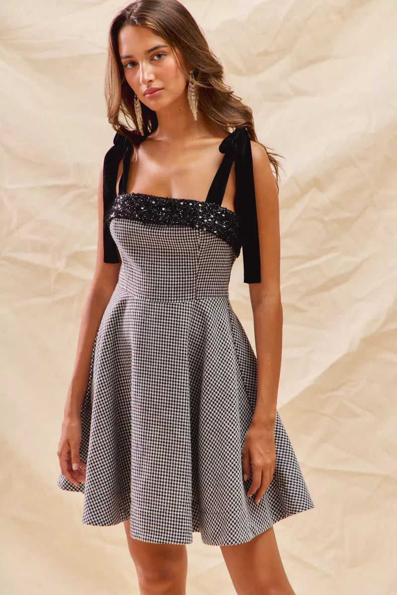 Houndstooth Fit and Flare Mini Dress in Black close up