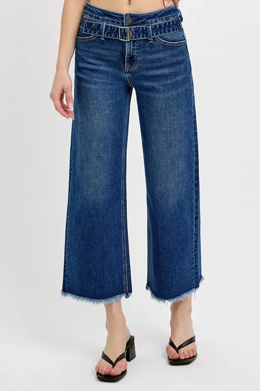 RISEN Raw Hem Wide Leg Attached Buckle Jeans - Fashorio