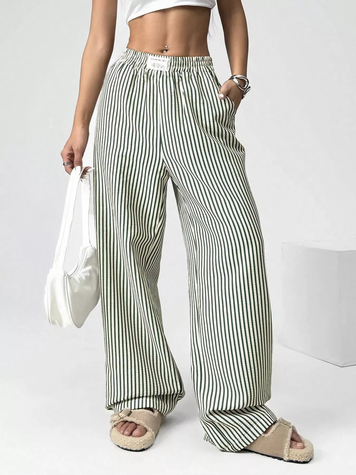 Striped high waist wide leg pants, full length