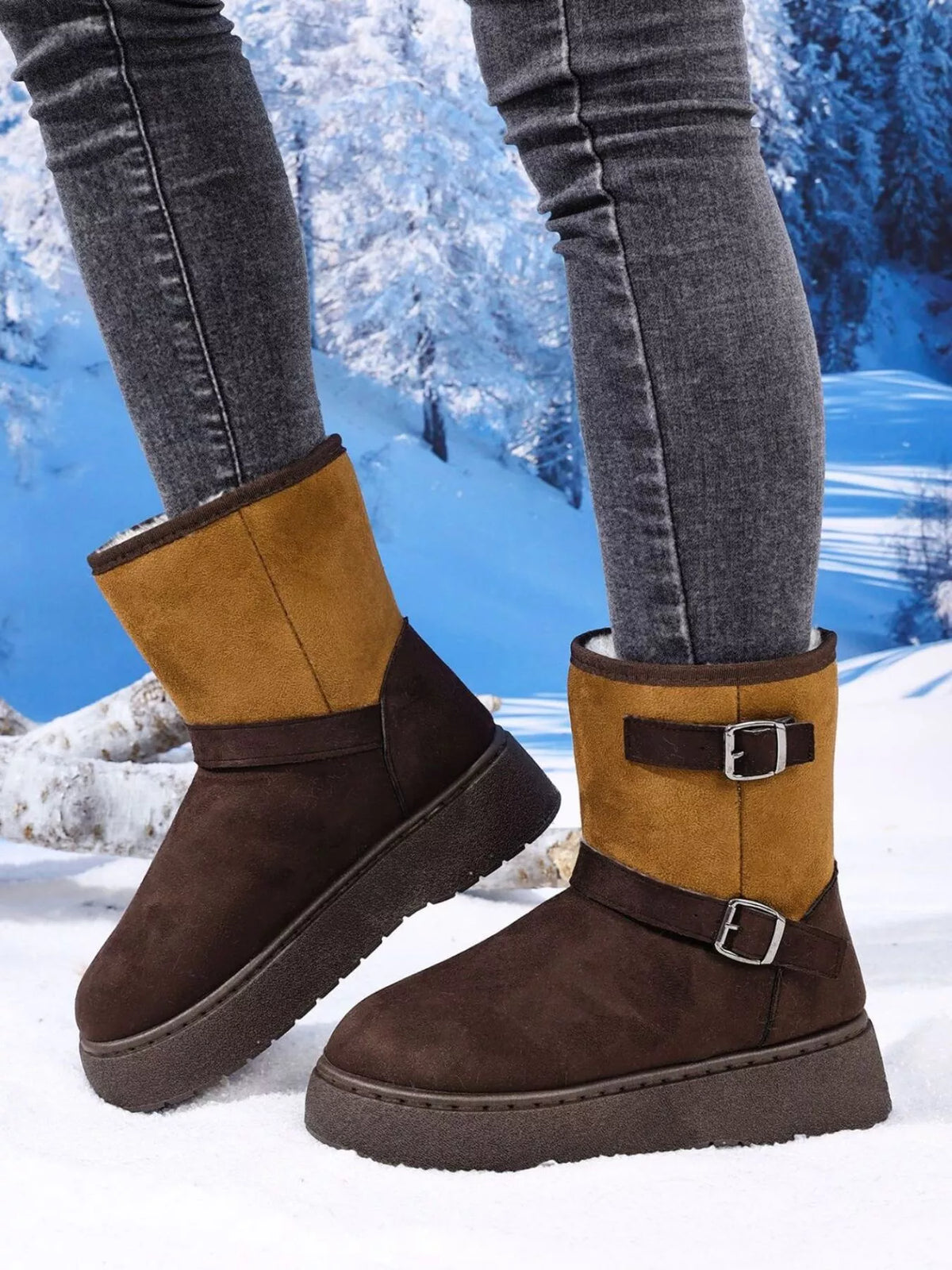 Round toe platform boots pair styled together