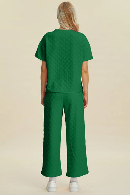 Double Take Full Size Texture Round Neck Short Sleeve Top and Pants Set - Fashorio